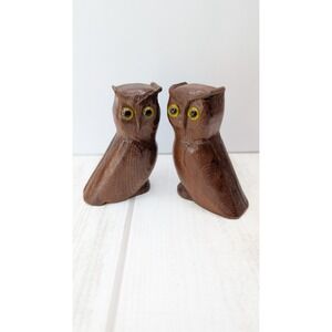 Vintage Hand Carved Wood Owl Figurines Glass Eyes Folk Art Rustic Decor 1984